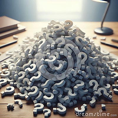 Heap of Question Marks on Table, Concept Representing Confusion, Questions, or Solutions Stock Photo