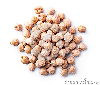 Heap of raw chickpea beans isolated on white background. Healthy vegetarian food concept. Pile of uncooked chickpeas Stock Photo