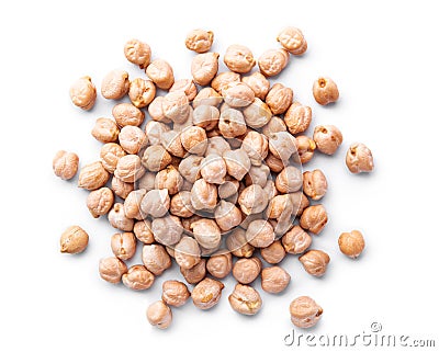 Heap of raw chickpea beans isolated on white background. Healthy vegetarian food concept. Pile of uncooked chickpeas Stock Photo