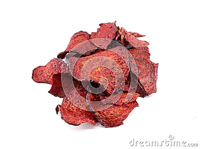 Heap of red beet chips on white background. Stock Photo