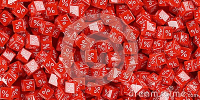 Heap of red cubes or dice with percent sign symbol, sale, discount or sales price reduction concept background, flat lay top view Cartoon Illustration