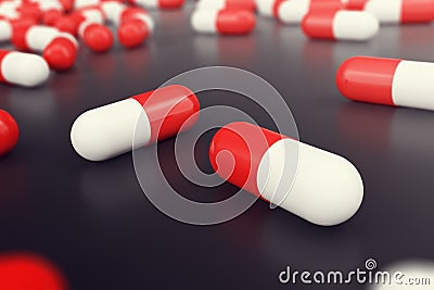 Heap of red white round capsule pills with medicine antibiotic in packages on black background. 3d illustration Cartoon Illustration