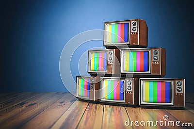 Heap of retro TV sets with no signal. Communication, media and t Cartoon Illustration