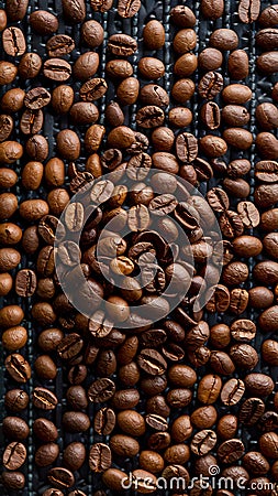 Heap of roasted coffee beans arranged intricately on a matting Stock Photo