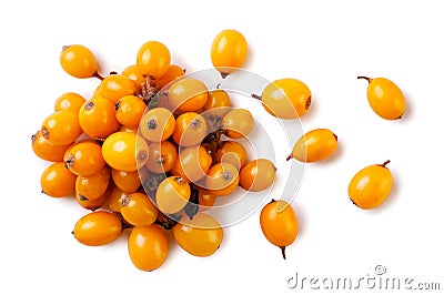 Heap of sea buckthorn and scattered close-up on a white background Stock Photo