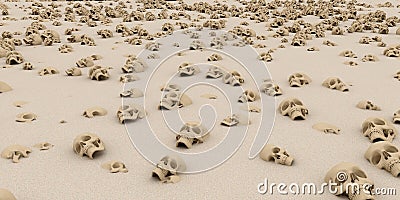 Heap of skulls on sand. Apocalypse and hell concept. 3d renderin Stock Photo