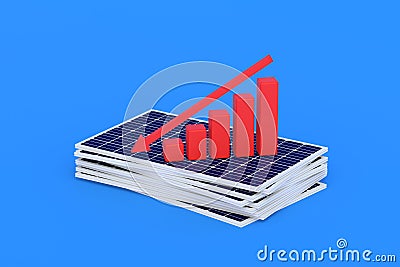 Heap of solar panels near graph. Negative growth dynamics, construction of ecological power plants Stock Photo