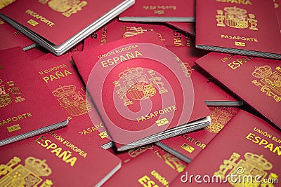 Heap of Spain passports. Immigration, citizenship, travel and tourism concept Cartoon Illustration