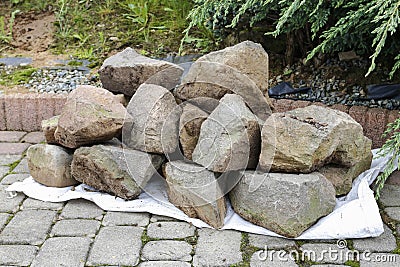 Heap of stones that are prepared to arrange decorations in the garden Stock Photo