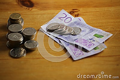 Heap of Swedish cash on a wooden table Stock Photo