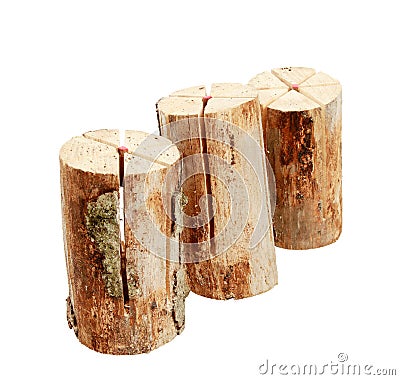 Heap of three logs with a built in lighter isolated on a white Stock Photo