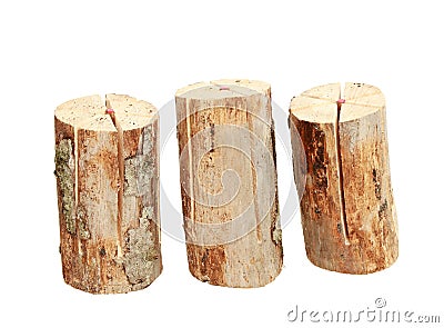 Heap of three logs with a built in lighter isolated on a white Stock Photo