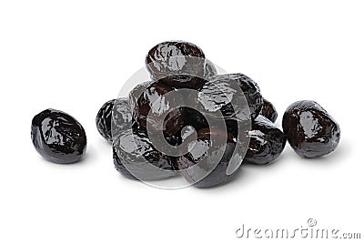 Heap of traditional Moroccan black breakfast olives close up on white background Stock Photo