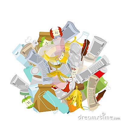 heap trash isolated. Pile Rubbish. Garbage Stack. litter background. peel from banana and stub. Tin and old newspaper. Bone and p Vector Illustration