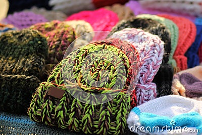 Heap of trendy knitted hats Stock Photo