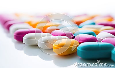 Wide variety of tablets, pills and capsules Stock Photo