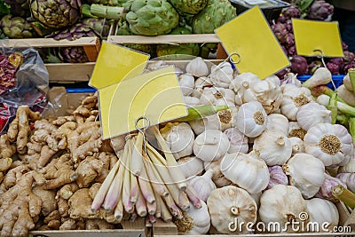 heap of various vegetables, garlics, lemon grasses, gingers and artichoke. Stock Photo