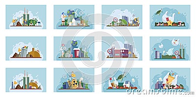 Heaps of waste, stray dogs waste pollution cityscape cartoon backdrop. Environment pollution problem Vector Illustration