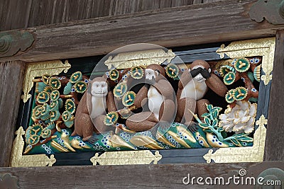 Tree wise monkeys at Toshogu Shrine in Nikko, Japan Stock Photo
