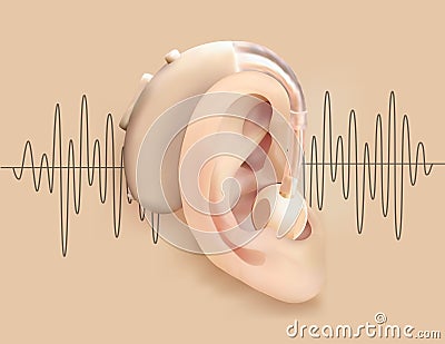 Hearing aid behind ear. Ear and sound amplifier on background of sound wave pattern. Deafness and hearing loss Vector Illustration