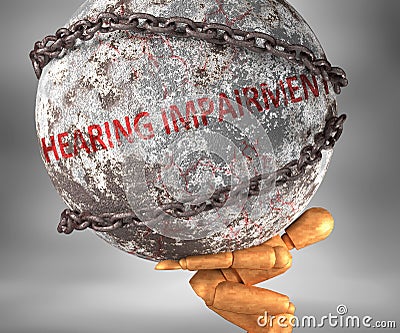 Hearing impairment and hardship in life - pictured by word Hearing impairment as a heavy weight on shoulders to symbolize Hearing Cartoon Illustration
