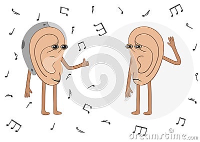 Hearing loss human ears try to listen to music. Cartoon Vector Illustration