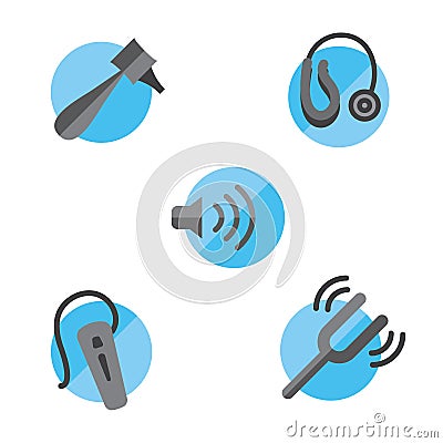 Hearing loss solid icon set with Otoscope, tuning fork and hearing aids Vector Illustration