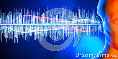 Hearing problems and solutions. Ultrasound. Deafness. Advancing age and hearing loss. Soundwave and equalizer bars with human ear. Stock Photo