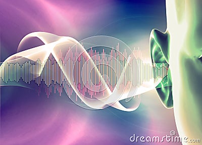 Hearing problems and solutions. Ultrasound. Deafness. Advancing age and hearing loss. Soundwave and equalizer bars with human ear. Stock Photo