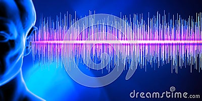 Hearing problems and solutions. Ultrasound. Deafness. Advancing age and hearing loss. Soundwave and equalizer bars with human ear. Stock Photo