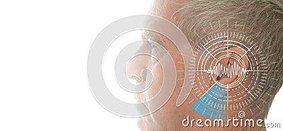 Hearing test showing ear of senior man with sound waves simulation technology Stock Photo