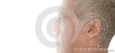 Hearing test showing ear of senior man with sound waves simulation technology Stock Photo