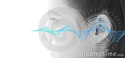 Hearing test showing ear of young woman with sound waves simulation technology Stock Photo