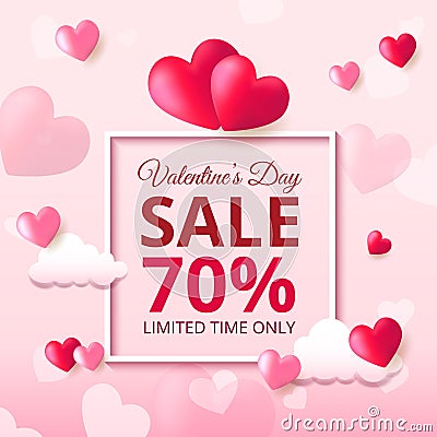 Valentines day sale poster of valentine balloon and hearts pattern on pink background. Vector Illustration