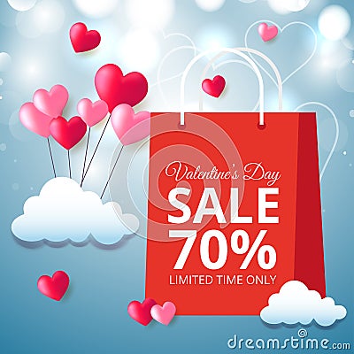 Valentines day sale poster of valentine balloon and hearts pattern on blue background. Vector Illustration