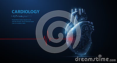 Heart. Abstract 3d vector human heart isolated on blue with red cardio puls line. Vector Illustration