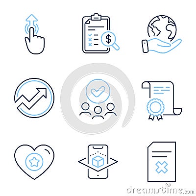 Heart, Accounting report and Delete file icons set. Swipe up, Audit and Augmented reality signs. Vector Vector Illustration