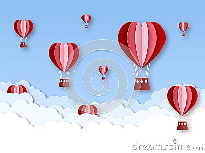 Heart air balloon. Paper cut hot air balloons origami made heart shape. Valentines day greeting invitation card vector Vector Illustration