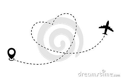 Heart airplane route. Plane and track icon on a white background. Vector illustration Vector Illustration
