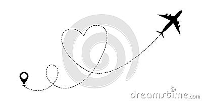 Heart airplane travel route line for romantic journey concept. Vector illustration Vector Illustration