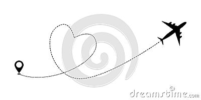 Heart airplane travel route line for romantic journey concept. Vector illustration Vector Illustration