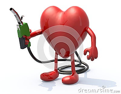 Heart with arms, legs and fuel pump in hand Cartoon Illustration