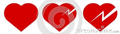 Heart attack. Sharp chest pain. Icon of healthy heart and with signs of lesion with disease. Vector Vector Illustration