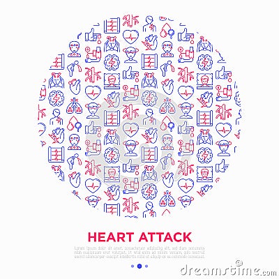 Heart attack symptoms concept in circle thin line icons: dizziness, dyspnea, cardiogram, panic attack, weakness, acute pain, Vector Illustration
