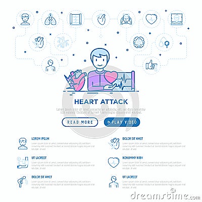 Heart attack symptoms concept: man with cardiogram and heart. Thin line icons: dizziness, dyspnea, panic attack, weakness, acute Cartoon Illustration