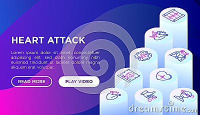 Heart attack symptoms concept with thin line isometric icons: dizziness, dyspnea, cardiogram, panic attack, weakness, acute pain, Vector Illustration