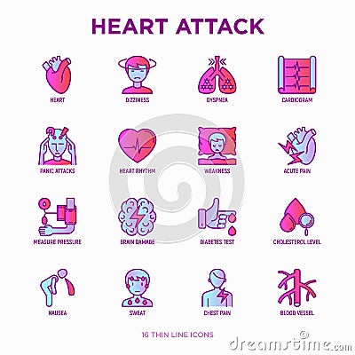 Heart attack symptoms thin line icons set: dizziness, dyspnea, cardiogram, panic attack, weakness, acute pain, cholesterol level, Vector Illustration