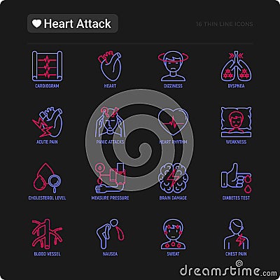 Heart attack symptoms thin line icons set: dizziness, dyspnea, cardiogram, panic attack, weakness, acute pain, cholesterol level, Vector Illustration
