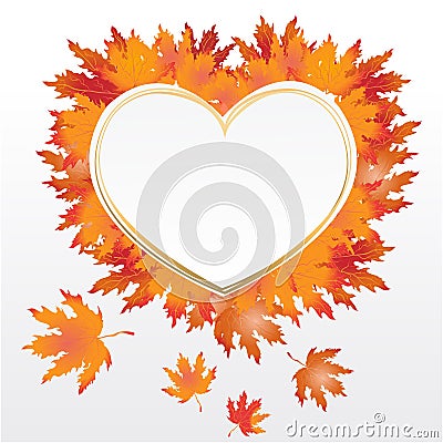 Autumn leaves heart background with golden frame Vector Illustration