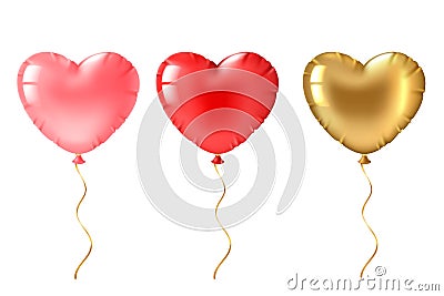 Heart balloon. Cute gold, pink and red heart shaped balloons decor, valentines day design element for romantic greeting Vector Illustration